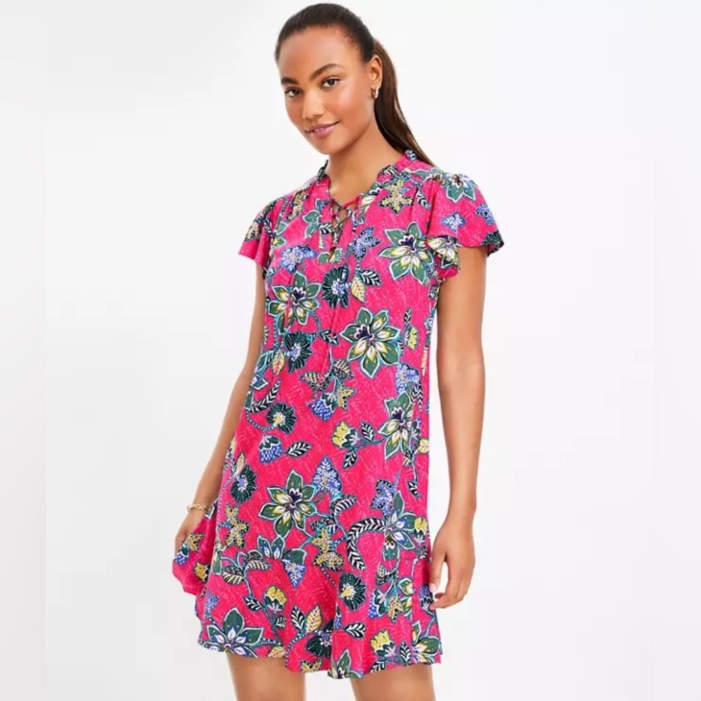 LOFT Pink and Green Floral Dress